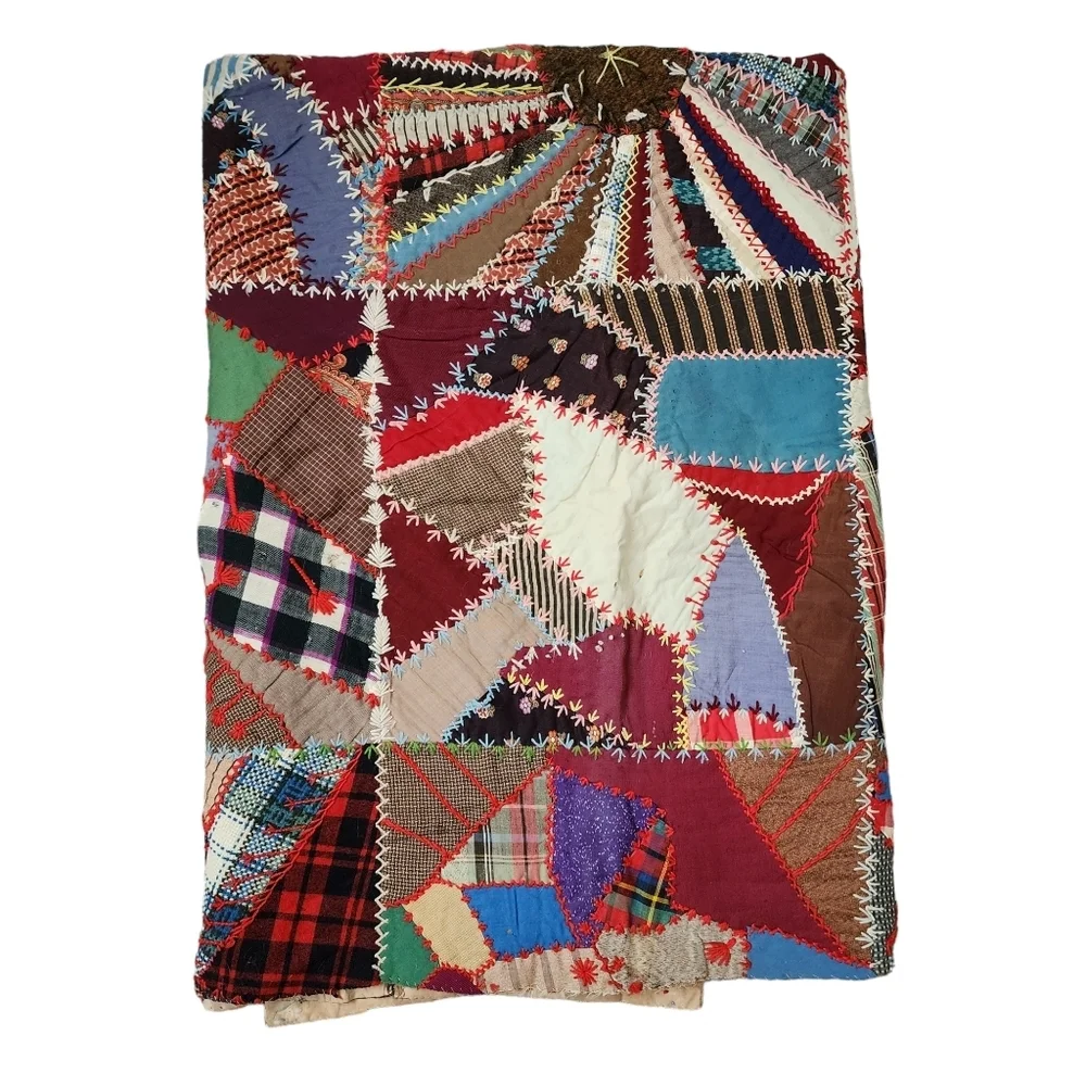 ANTIQUE Crazy Quilt top hand swen cotton quilt top to‎ be finished 65in x 65in